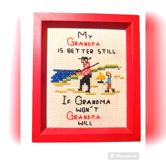 Vintage Cross Stitch Red framed Country GRANDPARENTS Needlepoint Framed Country - Picture 3 of 4